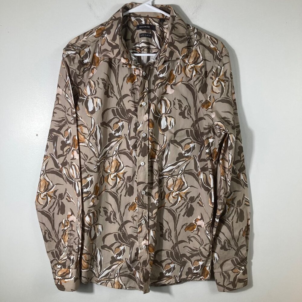Mens Devred 1902 Extra Slim Fit‎ Floral Button Shirt Tan Brown XL Made in France